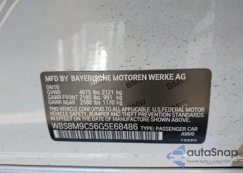 2016 BMW M3 from USA, damaged, VIN WBS8M9C56G5E68486